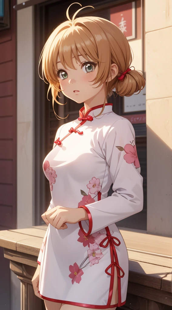 masterpiece, best quality, highres, perfect pixel, depth of field, 1girl, single, solo, beautiful anime girl, beautiful artstyle, (detailed face), (blush), anime CG style, (medium breasts), good lighting, perfect body, lips parted, (sakura kinomoto), glossy lips,, (cheongsam)