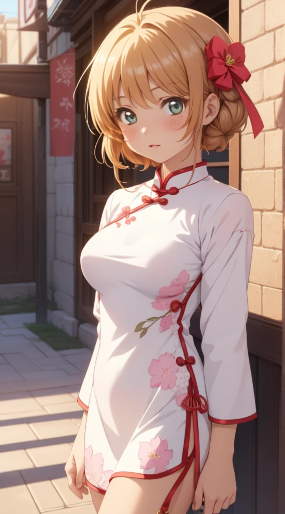 masterpiece, best quality, highres, perfect pixel, depth of field, 1girl, single, solo, beautiful anime girl, beautiful artstyle, (detailed face), (blush), anime CG style, (medium breasts), good lighting, perfect body, lips parted, (sakura kinomoto), glossy lips,, (cheongsam)