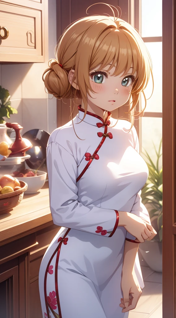 masterpiece, best quality, highres, perfect pixel, depth of field, 1girl, single, solo, beautiful anime girl, beautiful artstyle, (detailed face), (blush), anime CG style, (medium breasts), good lighting, perfect body, lips parted, (sakura kinomoto), glossy lips,, (cheongsam)