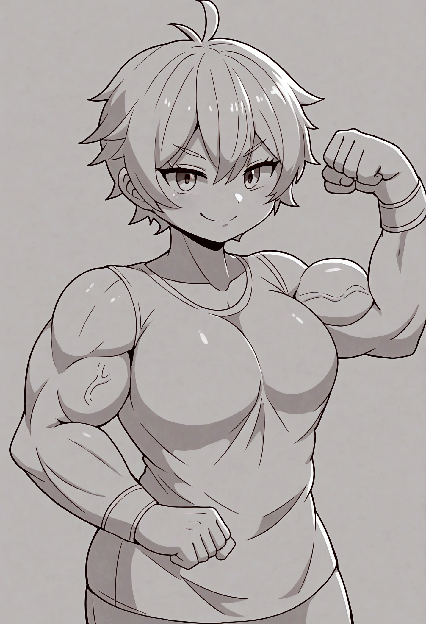 lndswgnr_v1.0, (Sharp focus: 1.5), (sharp focus:1.2), anime, attractive young woman, (beautiful face:1.1), very fit, thin torso, short, shortstack, thin, huge biceps, disproportionately large biceps, flexing, long sleeve shirt, tight shirt, veins