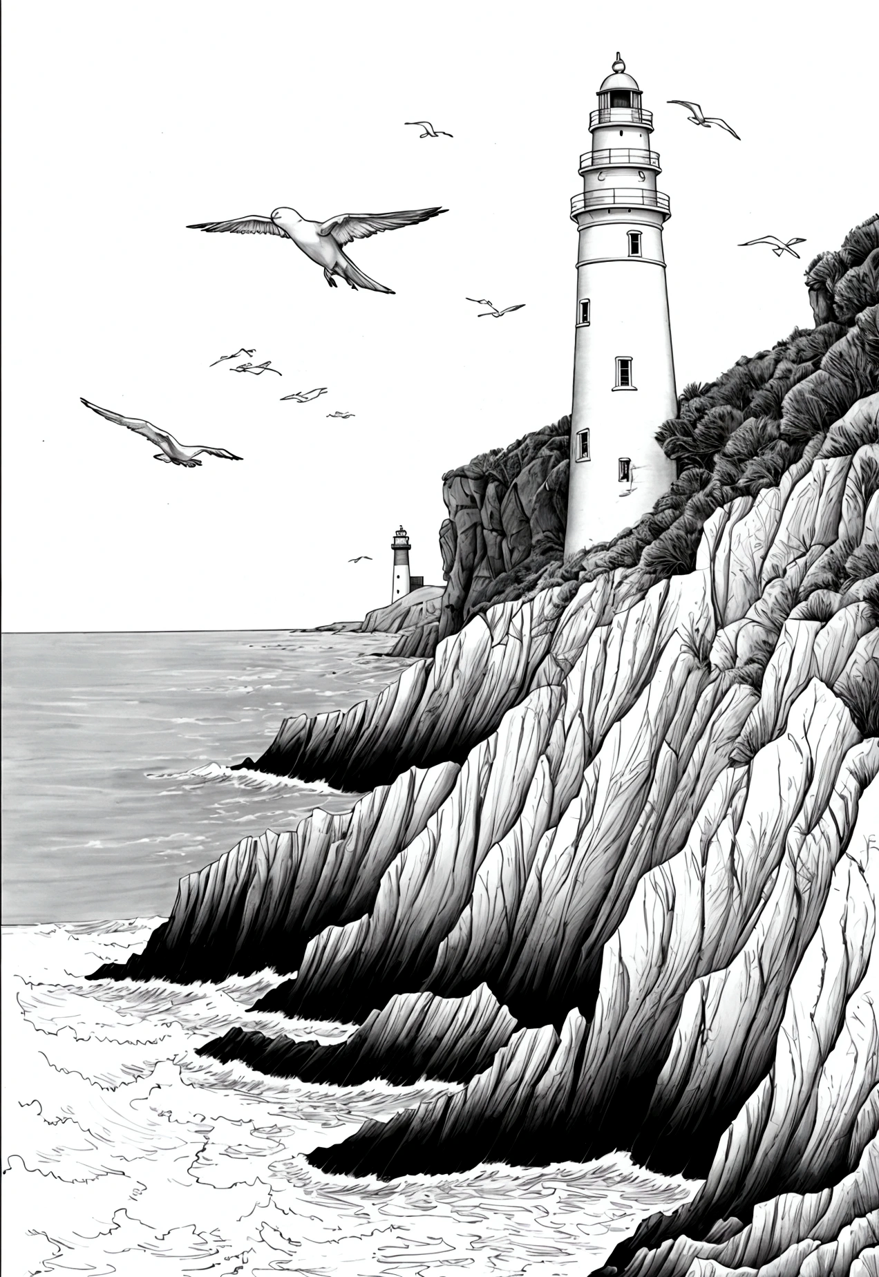 grey and white only, Book page coloring art, All-white background, Use only outlines, line art, coloring book, Clean line art, For coloring Simple and clean line art, coloring book page, perfect symmetric details, Seaside Cliffs: Majestic cliffs overlooking the sea, with waves crashing against the rocks, a lighthouse standing tall, and seagulls soaring in the sky.

