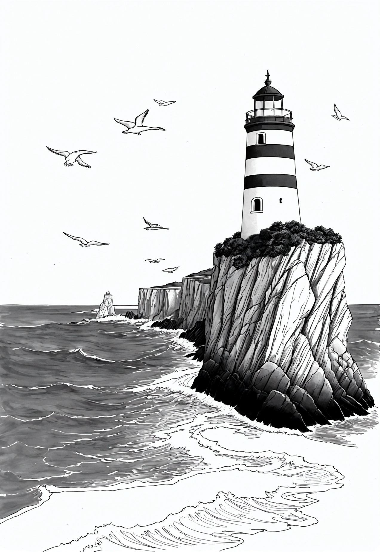 grey and white only, Book page coloring art, All-white background, Use only outlines, line art, coloring book, Clean line art, For coloring Simple and clean line art, coloring book page, perfect symmetric details, Seaside Cliffs: Majestic cliffs overlooking the sea, with waves crashing against the rocks, a lighthouse standing tall, and seagulls soaring in the sky.