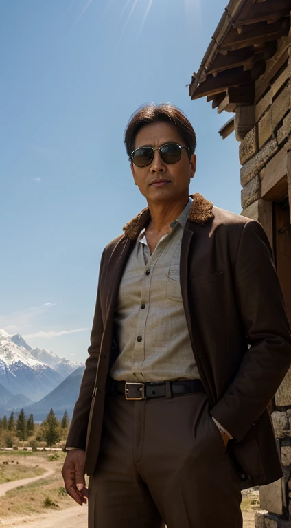 professional photoshooting, The village chief stands on the dirt road，Looking，Jacket jacket，There are willow trees next to it，Tsuchiya，（（eye glass）），Dark brown clothes，high detal, Close-up bust shot, in a panoramic view，Side of the body，Carrying a bag，Asian man in his forties，Nasolabial folds，Rough face，worried expressions，oily skin reaction，thick-waisted，wide waist，with brown skin，Dark brown trousers，((crotch bulging))，（crotch bulging），Detailed hair details，Paintings in the style of Gaston Busier，Sunnyday，blue-sky，rays of sunshine，blue-sky，There are mountain peaks in the distance，llight rays，globalillumination， CG-level lighting rendering，low-contrast， (Best quality)，tmasterpiece，8K wallpaper quality，List of Utria , Cinematic