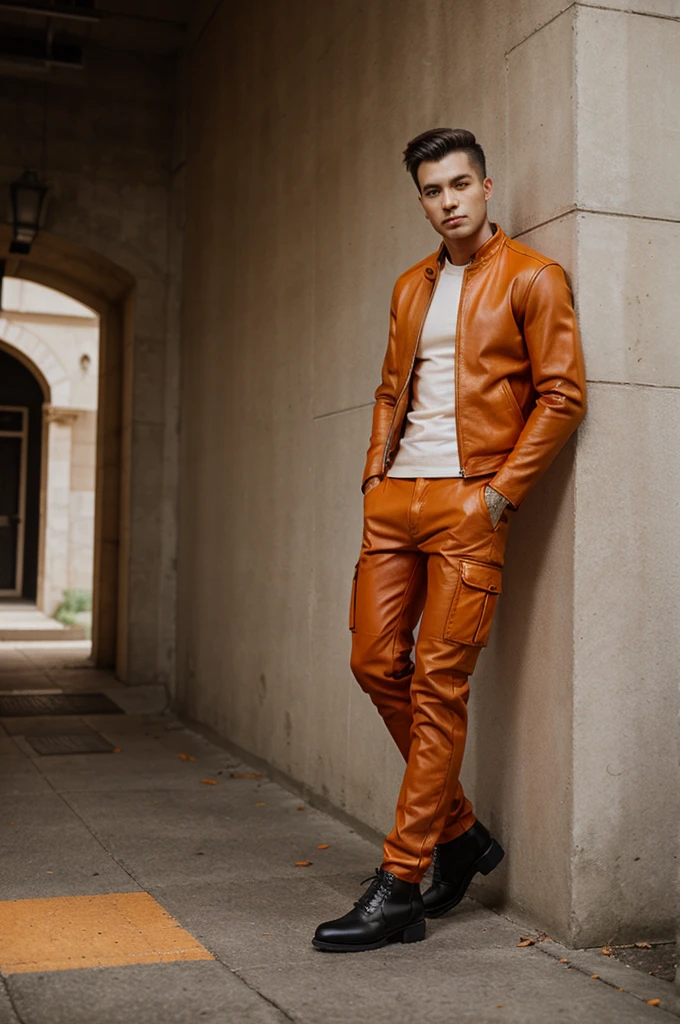 Fashion photography of a male wearing same tone orange cargo pants and orange leather jacket with black boots