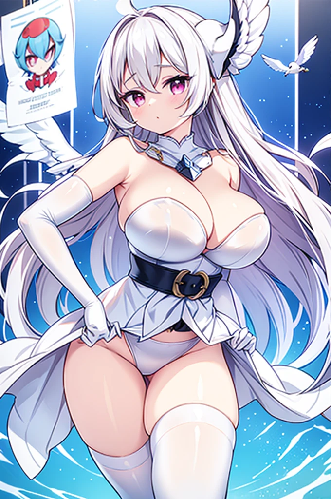 (pinup, poster), ultra realistic, beautiful, masterpiece, super cute face, lanky, swan helmet with a transparent glass plate like a beak covered the front face, cloak with jagged shapes in the end, white thigh highs, white elbow gloves, white belt, pink superhero-like suit, naturally sexy, {masterpiece:1.3}, {best quality:1.2}, {ultra-detailed::1.4}, exquisite make-up face:1.2