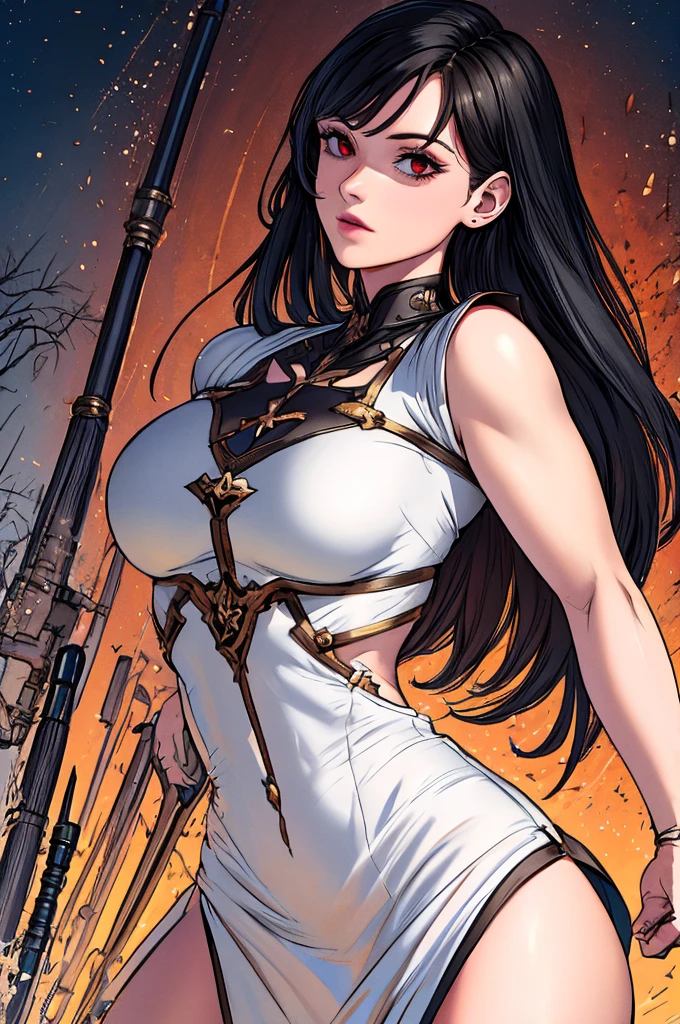 A pale skin woman with tired eyes black medium hair red eyes,huge muscle veiny bulging veins giant body,getting insane with power,colossal,maniacal,backshot