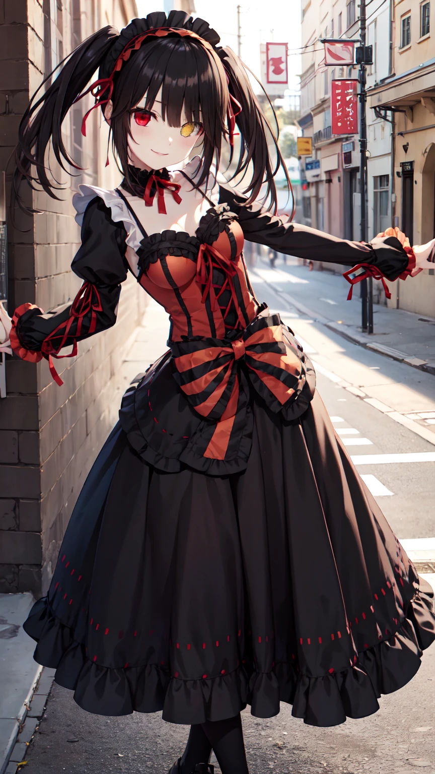 masterpiece, The best quality、street、Put your arms behind your back、Black Hair, Long twin tails bunches, (Yellow eyes:1.2), Heterochromia iridum, (Red Eyes:1.2),Tokisaki Kurumi、Smile,Gothic Lolita Clothing Accessories、victorian maid tiara、Black Ribbon、Shut up、Gothic Lolita Clothing Accessories