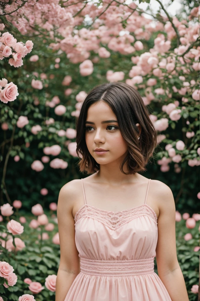 8K, foto cruda, fujifilm, Style photography of a beautiful young girl like Avril in a light pink rose garden. (piel muy detallada: 1.2) Style-Petal BREAK short hair, cabello rubio con mechones de colores, usando un vestido, film grain, 35mm, lindo estilo