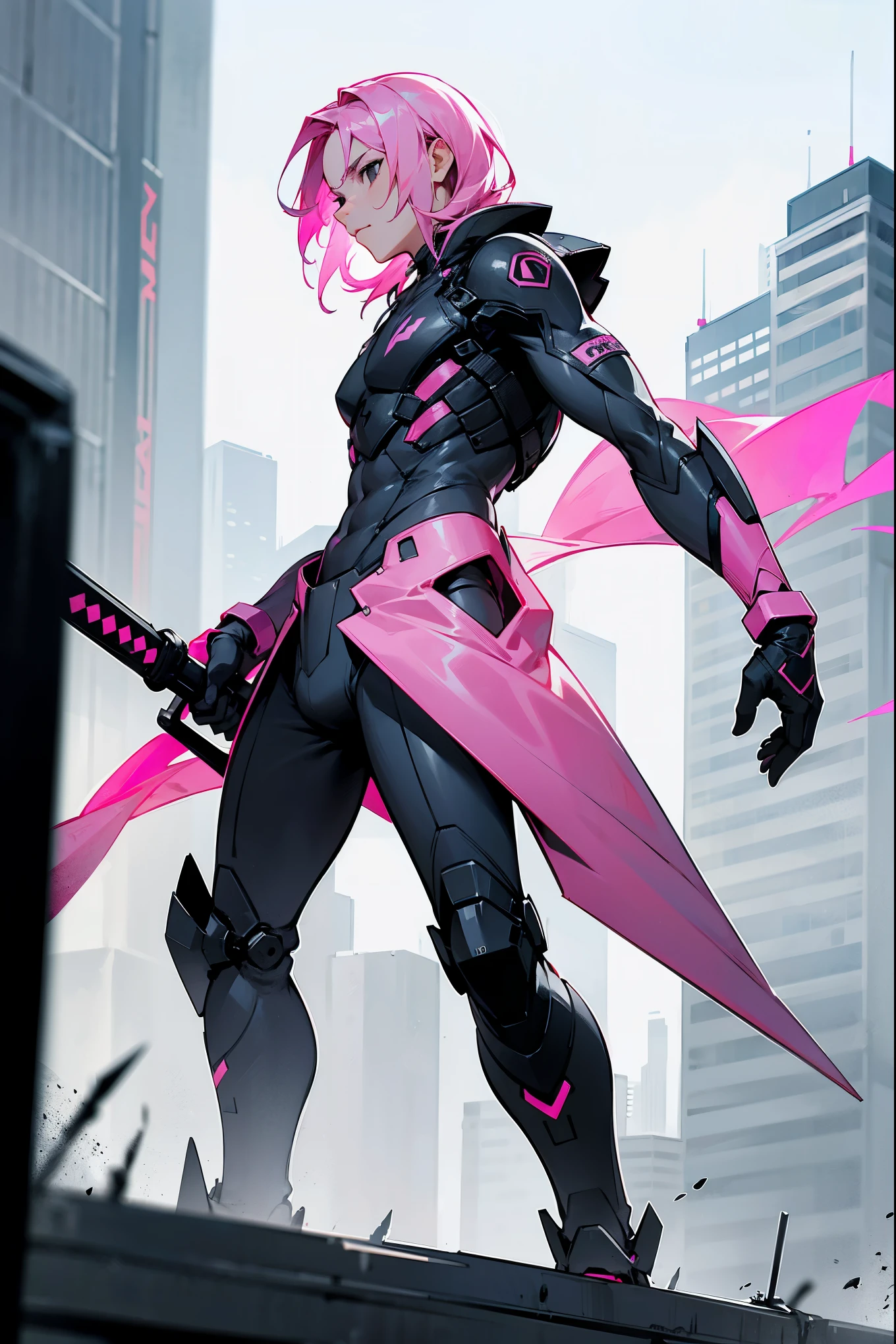1male, pink hair, black eyes, holding combat spear, short flowing hair, black and white combat suit, city background, standing on path, hands to side