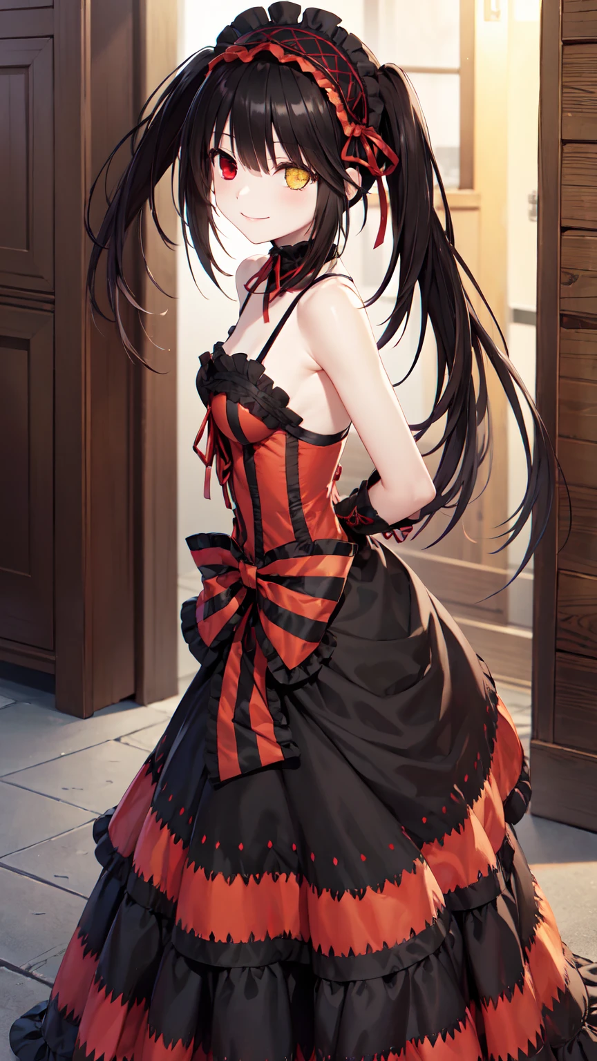 masterpiece, The best quality、street、Put your arms behind your back、Black Hair, Long twin tails bunches, (Yellow eyes:1.2), Heterochromia iridum, (Red Eyes:1.2),Tokisaki Kurumi、Smile,Gothic Lolita Clothing Accessories、victorian maid tiara、Black Ribbon、Shut up、Gothic Lolita Clothing Accessories