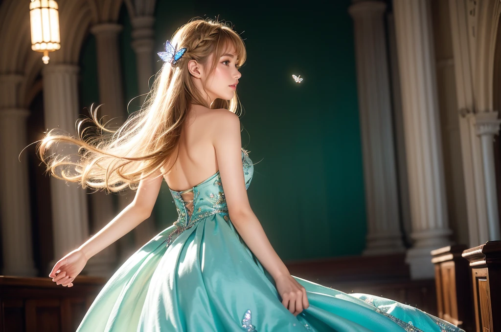 1 girl, masterpiece, Very detailed, ((Cinema Lighting)), (Shine), ((Dramatic lighting)), ((beautiful delicate Shine)), Intricate details, Lens flare, blonde, Long Hair, colorful dresses, butterfly hair ornament, butterfly, (Particles of light), Put your arms behind your back, Mid-chest, [take up], Cowboy Shot, A light smile, Green Eyes, church, Stained glass, Spotlight, Dark Background, Floating Hair, Floating Hair, Looking at the audience,((colorful))