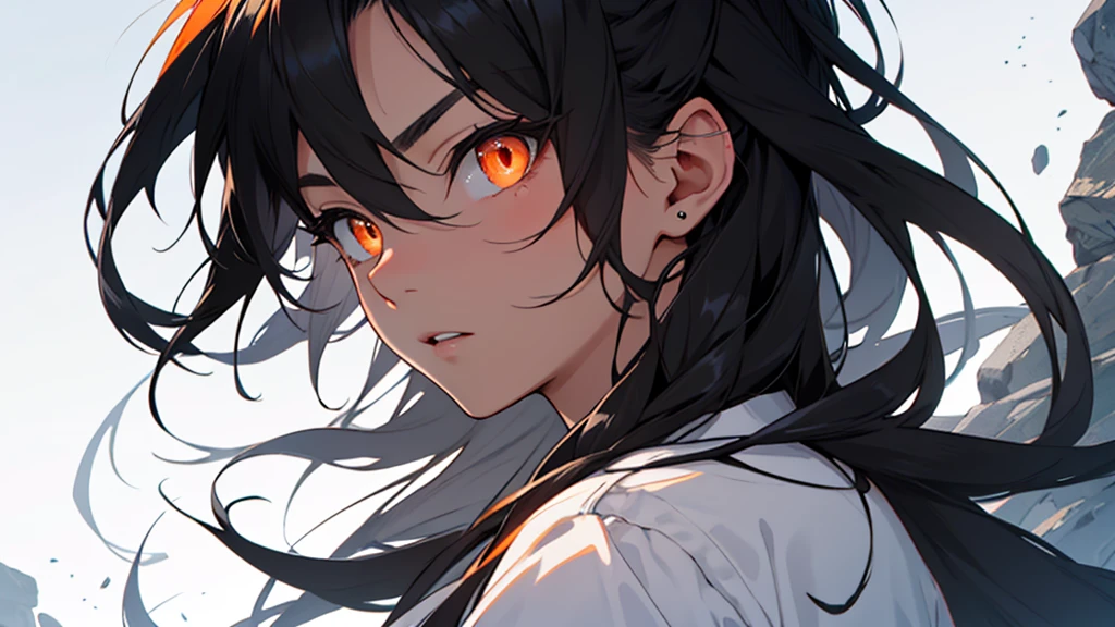 Girl with orange eyes and black hair looking to the side. She has long black hair . She has orange eyes、Has a serious expression。.