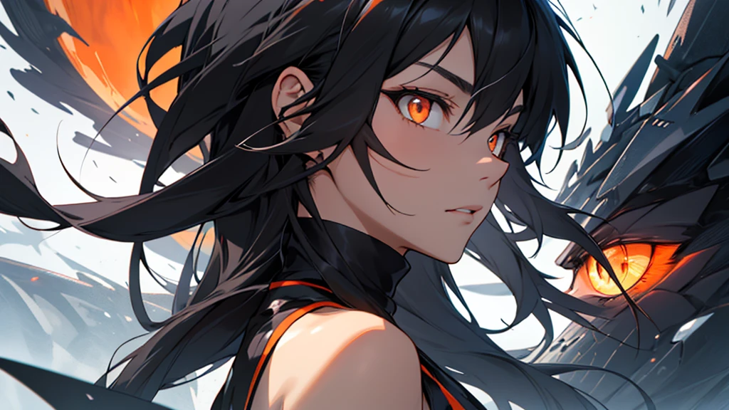 Girl with orange eyes and black hair looking to the side. She has long black hair . She has orange eyes、Has a serious expression。.