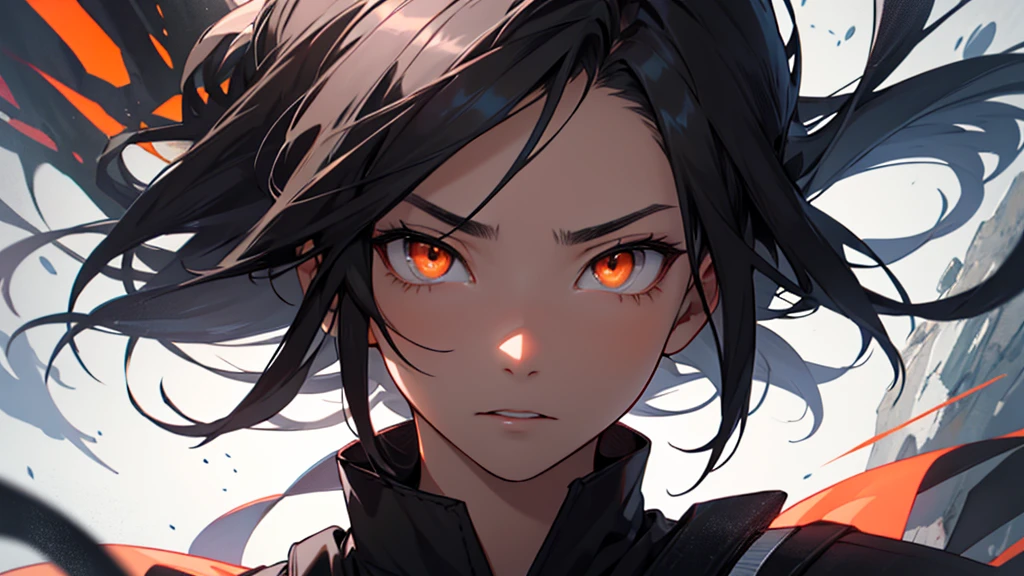 Girl with orange eyes and black hair looking to the side. She has long black hair . She has orange eyes、Has a serious expression。.
