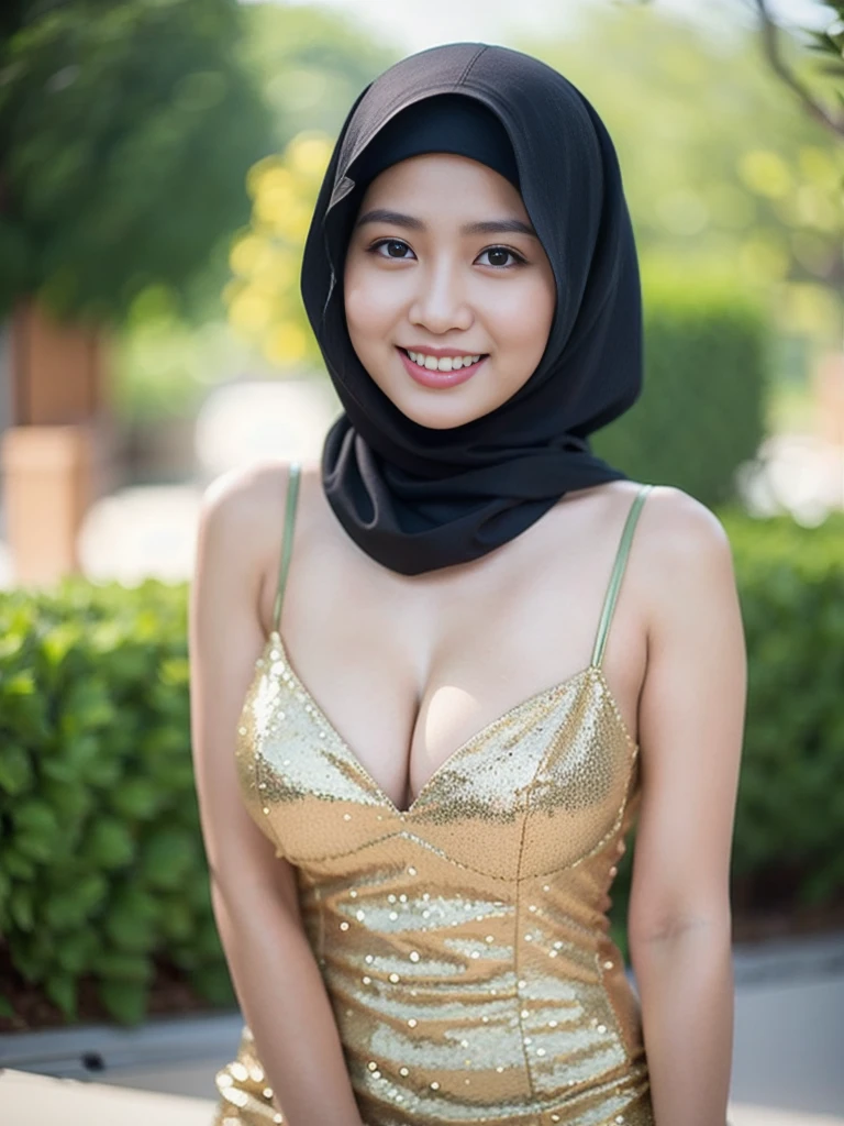 Hijab Indonesian mature woman, wearing short dress, Breast about To burst out, blur background, bokeh, smiling, elegant, detailed skin,