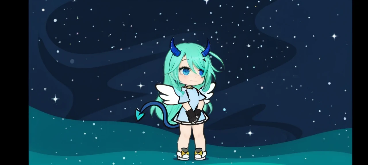 One with blue horns and tail and aqua green hair with blue eyes and white wings