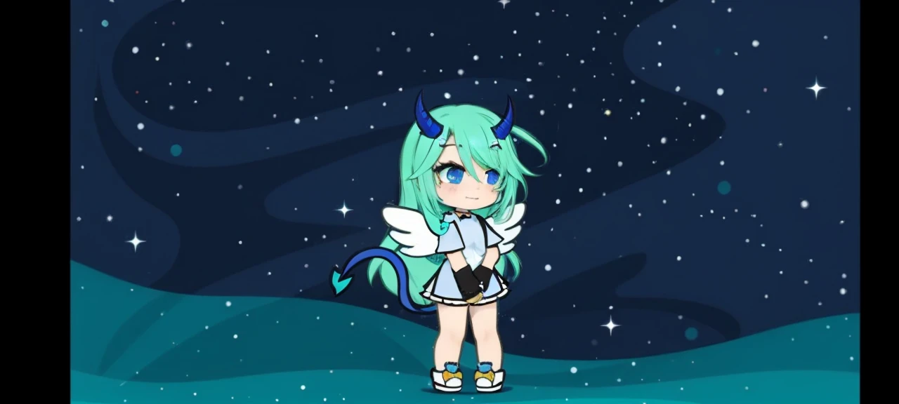 One with blue horns and tail and aqua green hair with blue eyes and white wings 