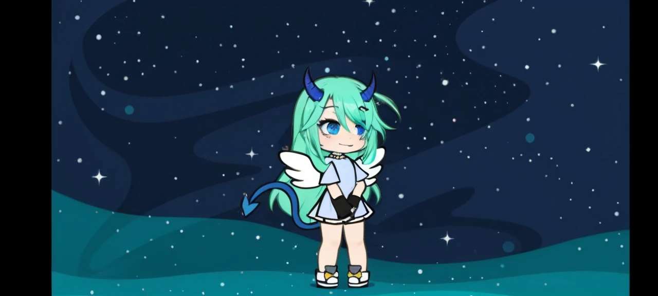 One with blue horns and tail and aqua green hair with blue eyes and white wings