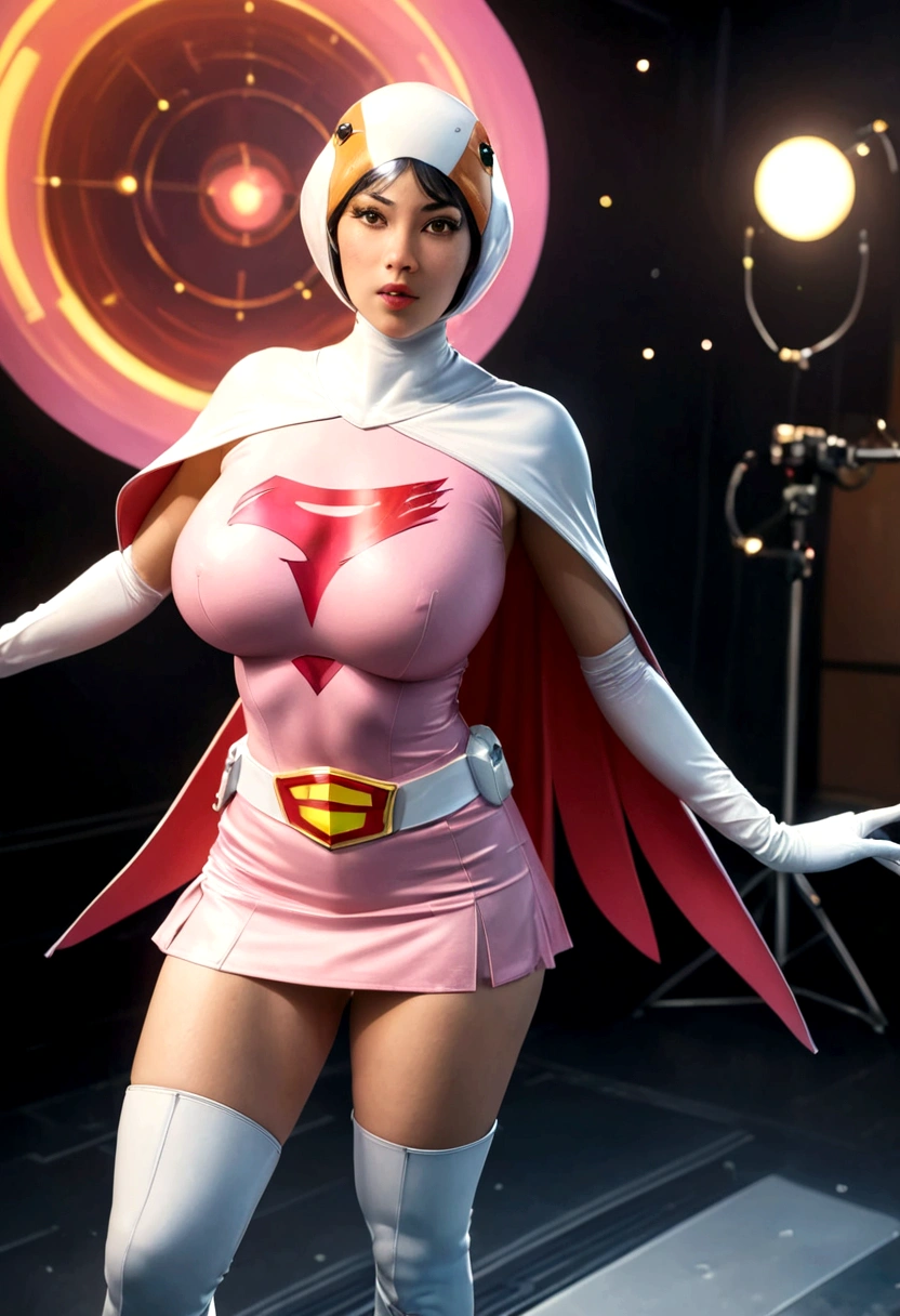 A girl in pink Gatchaman costume, long boots, long gloves, standing, one leg up, detailed face, H3JTS, giga_busty, best quality, 4k, 8k, highres, masterpiece:1.2, ultra-detailed, realistic, photorealistic, photo-realistic:1.37, HDR, UHD, studio lighting, ultra-fine painting, sharp focus, physically-based rendering, extreme detail description, professional, vivid colors, bokeh, concept art