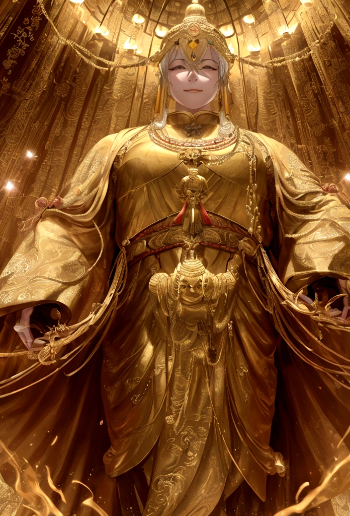 A huge golden Buddha statue stands on top of a mountain,Pilgrims' Path,A light smile,Chinese style,In the distance, Surrealism, Stereogram, tachi-e, Atmospheric perspective, Hyper Photorealism, Cinema Lighting, Divine Light, Super detailed, Accurate, highest quality, masterpiece, 16k, Attention to detail, High resolution, Awards, Super detailed, Anatomically correct