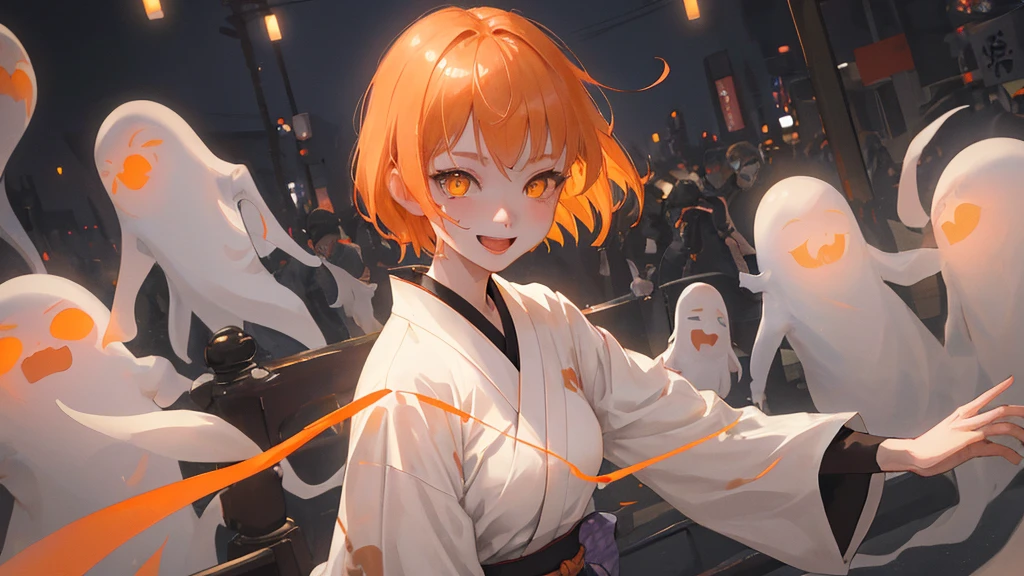 A cool adult woman wearing a white kimono、1 person、Hundreds of ghosts appear at night、Horror、Orange brown short hair、Yellow Eyes、Gloss、Gloss、Fight、A cheerful smile、Shibuya Background、Glare、won'Do not touch、Bold Pose