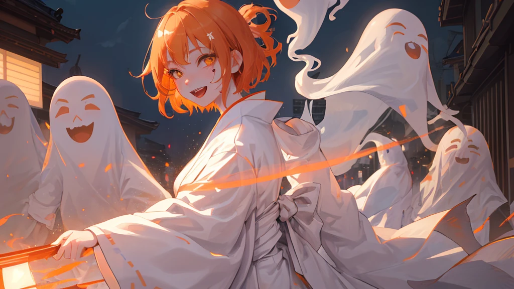 A cool adult woman wearing a white kimono、1 person、Hundreds of ghosts appear at night、Horror、Orange brown short hair、Yellow Eyes、Gloss、Gloss、Fight、A cheerful smile、Shibuya Background、Glare、won&#39;Do not touch、Bold Pose