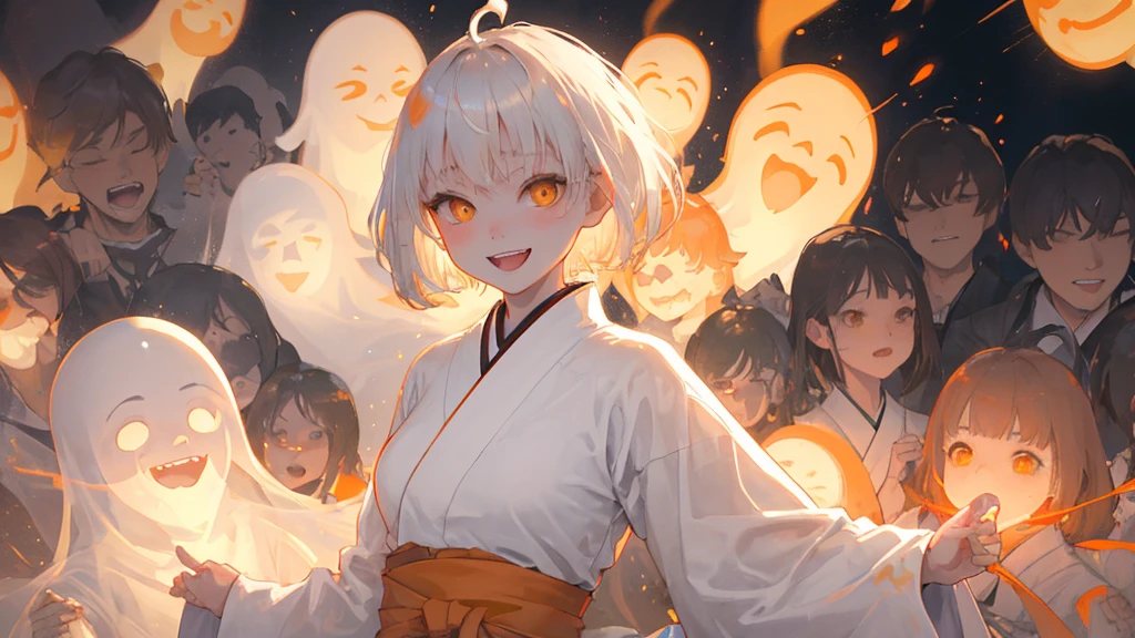 A cool adult woman wearing a white kimono、1 person、Hundreds of ghosts appear at night、Horror、Orange brown short hair、Yellow Eyes、Gloss、Gloss、Fight、A cheerful smile、Shibuya Background、Glare、won&#39;Do not touch、Bold Pose