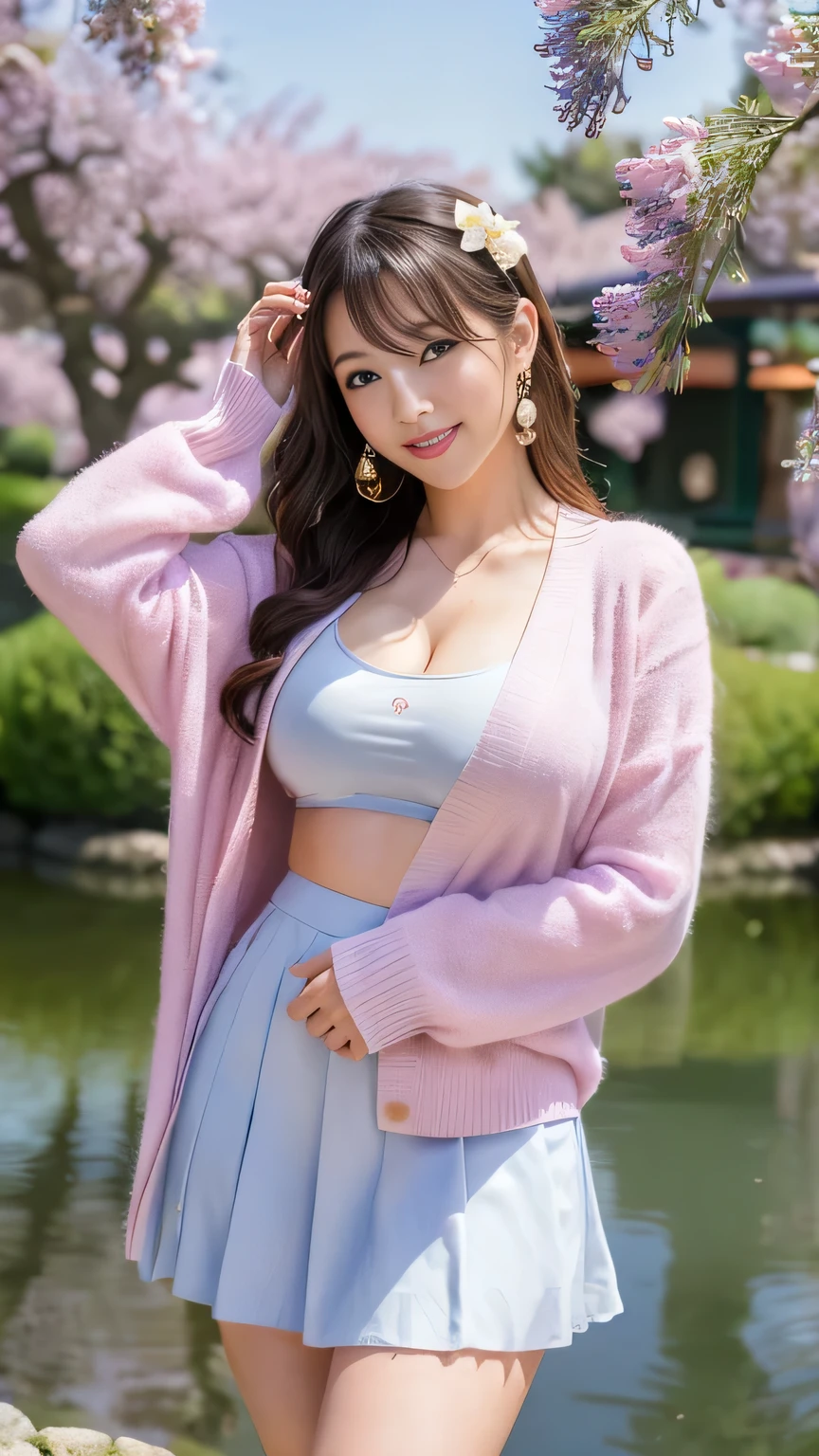 (realistic, photo-realistic:1.4), (extremely detailed 8k wallpaper), bokeh, detailed beautiful eyes and skin, (Image from thighs to head:1.3), solo, (Japanese idol:1.3), 25yo, beautiful woman, smile, (large breast:1.2), full body,
Lavender full skirt, soft pink cashmere cardigan, pearl earrings, Soft, Tea garden under the full moon, Willow trees and a tranquil pond,