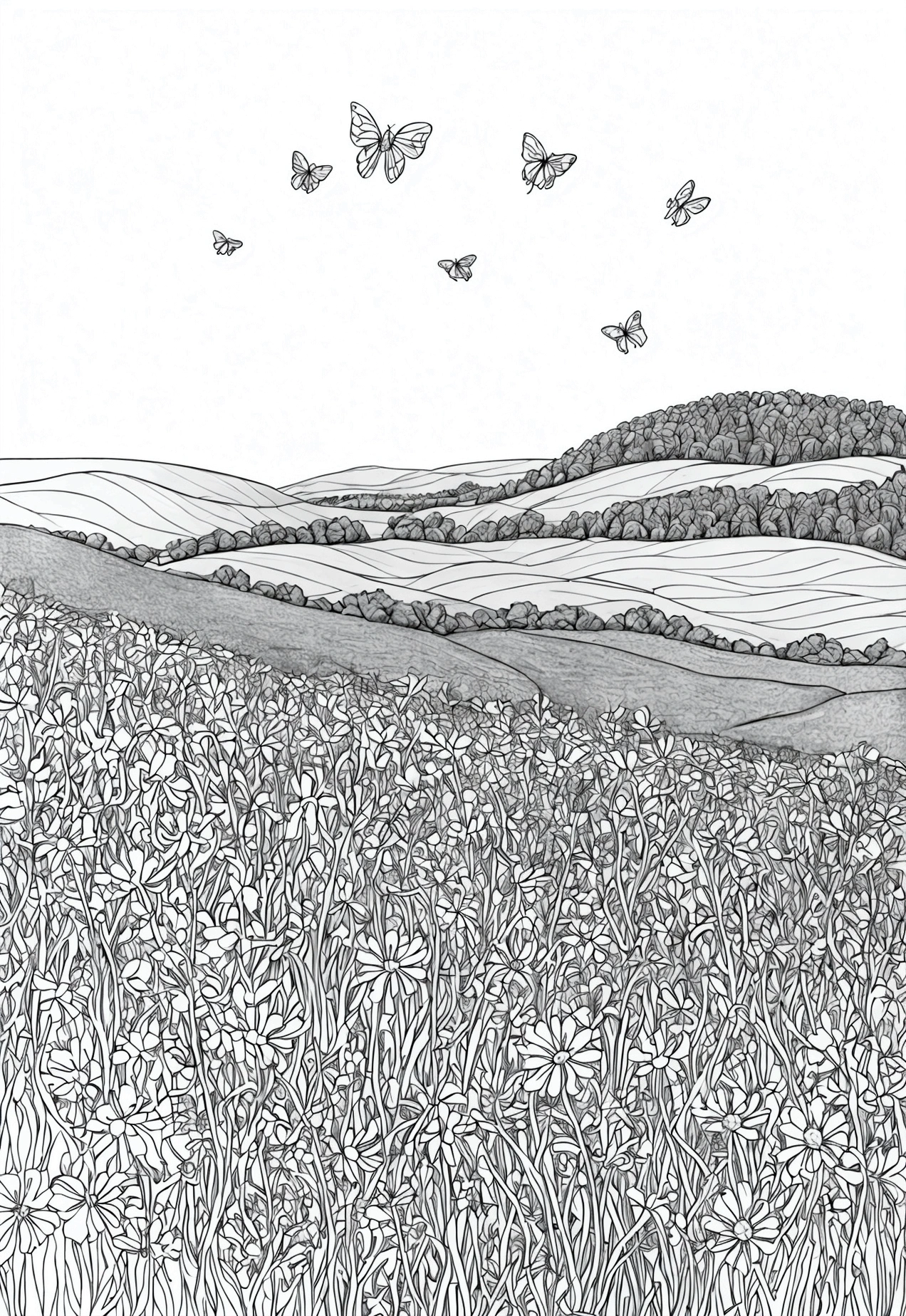 grey and white only, Book page coloring art, All-white background, Use only outlines, line art, coloring book, Clean line art, For coloring Simple and clean line art, coloring book page, perfect symmetric details, Wildflower Field: A wide-open field filled with a variety of wildflowers, a gentle breeze swaying the flowers, a butterfly resting on a petal, and a distant view of rolling hills.