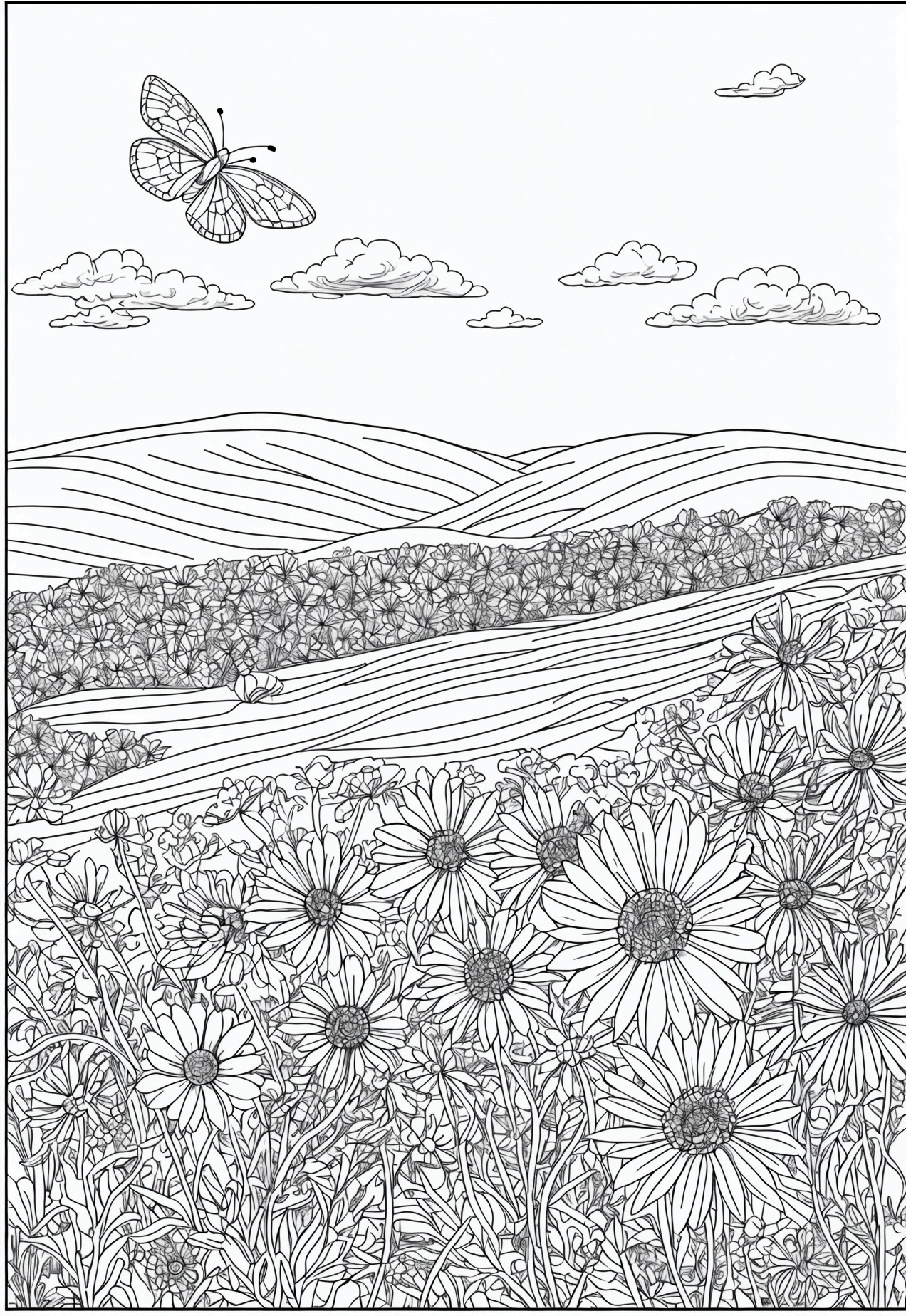 grey and white only, Book page coloring art, All-white background, Use only outlines, line art, coloring book, Clean line art, For coloring Simple and clean line art, coloring book page, perfect symmetric details, Wildflower Field: A wide-open field filled with a variety of wildflowers, a gentle breeze swaying the flowers, a butterfly resting on a petal, and a distant view of rolling hills.