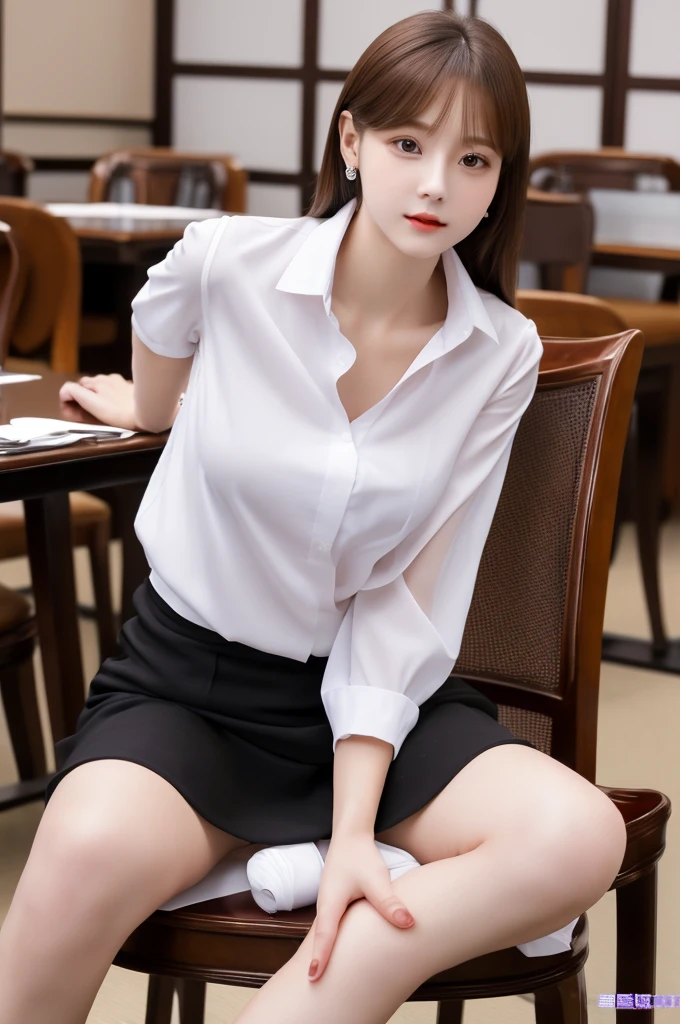 22 years old, female body and male penis are combined as one body, a beautiful face of an actress, tight formal shirt is worn, a large penis is exposed, sitting on a chair in cafe, nsfw, best quality, highly detailed, masterpiece, ultra high res, photo realistic, 8k, japanese