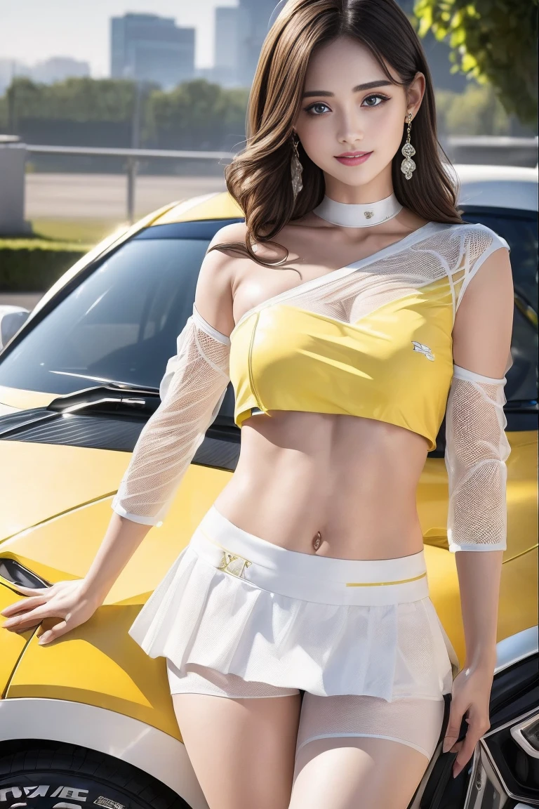 (((One-shoulder mesh girls outfit))),(((Dynamic pose))),(((Abdominal Peek))),(((Show lower chest ))),(((Yellow and white miniskirt lift))),(((Bare inner thighs))),(((Formula One racing car display))),Ulzzang-6500-v1.1, (Original photo:1.2), (Realistic:1.4), Beautiful and delicate girl, Very detailedな目と顔, Beautiful and delicate eyes,(Pale skin),  Very detailed, High resolution, highest quality,masterpiece, Very detailed, 8k wallpaper, wonderful, Fine details, highest quality, There is Light on the face,Light,One Girl,(car truck),Beautiful Eyes,smile,Open your mouth