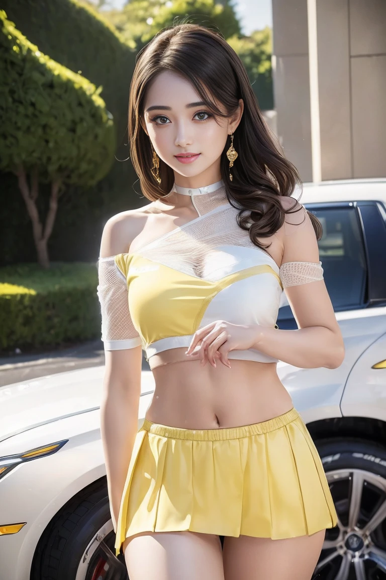 (((One-shoulder mesh girls outfit))),(((Dynamic pose))),(((Abdominal Peek))),(((Show lower chest ))),(((Yellow and white miniskirt lift))),(((Bare inner thighs))),(((Formula One racing car display))),Ulzzang-6500-v1.1, (Original photo:1.2), (Realistic:1.4), Beautiful and delicate girl, Very detailedな目と顔, Beautiful and delicate eyes,(Pale skin), Very detailed, High resolution, highest quality,masterpiece, Very detailed, 8k wallpaper, wonderful, Fine details, highest quality, There is Light on the face,Light,One Girl,(car truck),Beautiful Eyes,smile,Open your mouth