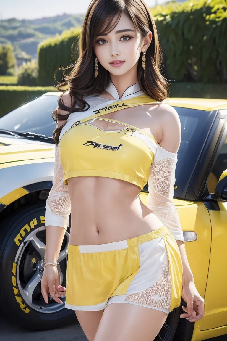 (((One-shoulder mesh girls outfit))),(((Dynamic pose))),(((Abdominal Peek))),(((Show lower chest ))),(((Yellow and white miniskirt lift))),(((Bare inner thighs))),(((Formula One racing car display))),Ulzzang-6500-v1.1, (Original photo:1.2), (Realistic:1.4), Beautiful and delicate girl, Very detailedな目と顔, Beautiful and delicate eyes,(Pale skin),  Very detailed, High resolution, highest quality,masterpiece, Very detailed, 8k wallpaper, wonderful, Fine details, highest quality, There is Light on the face,Light,One Girl,(car truck),Beautiful Eyes,smile,Open your mouth