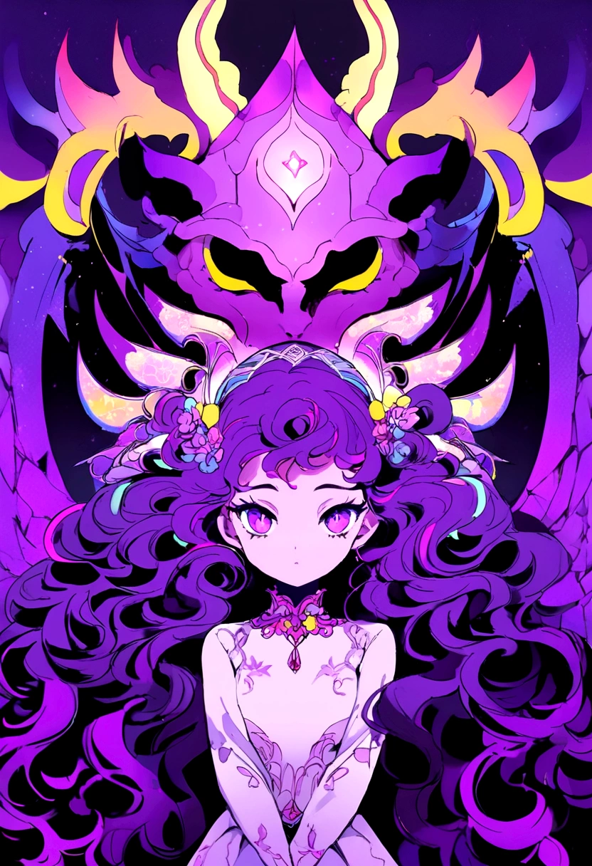 Demon girl in Japanese , Cursed purple eyes and bright purple wavy hair anime style