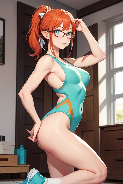 High quality very detailed clean image
1woman, milf, elf, citizen, crimson red hair tied in a ponytail with a pale white beautiful ribbon, 50 years old milf, fair skin, light blue green eyes, thin lips, medium big breasts, big butt, short pointed ears with tiny orange gems, kind smile, joy, dark blue square glasses, doing ABS, pale yellow one piece leotard, beautiful legs, pink sport shoes, light green socks, little sweating, viking stailed modern house, viking stailed modern living room, windows, snow streets throught windows, pale orange floor