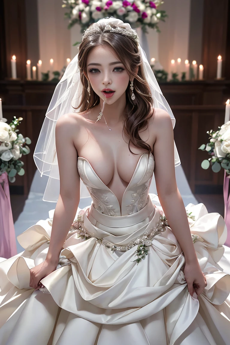 NSFW、Panoramic viewing angle、Pussy Real、Breast Real、Mastepiece、It is high resolution.、Photo woman、Detailed digital illustration、Wavy Long Hair、Folded ponytail、Detailed eyes、Shiny Hair、((Naked in a bridal dress:1.6))、Very beautiful woman、The eyes are double、Normal chest、Bust A cup、high resolution、high quality、Detailed background、((The chapel was crowded with boys.:1.4))、((Two Arms、Four fingers、One thumb))、((Two Legs、Four fingers、One thumb))、Very beautiful woman、masterpiece、A kind smile:1.3、(((A bride is surrounded by boys and sucks their penises.:1.6))),(((Cum in mouth:1.6))),