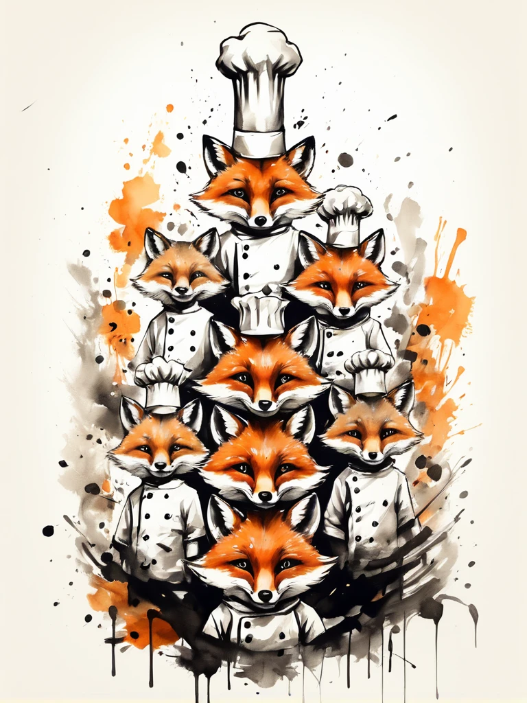 Vector Art, Colorful illustration with many foxes wearing chef hats., en el centro, colores vibrantes，arte grafiti，salpicadura de tinta，salvaje y desenfrenado，rico y colorido，impacto visual,Super detailed modern aesthetic.,
