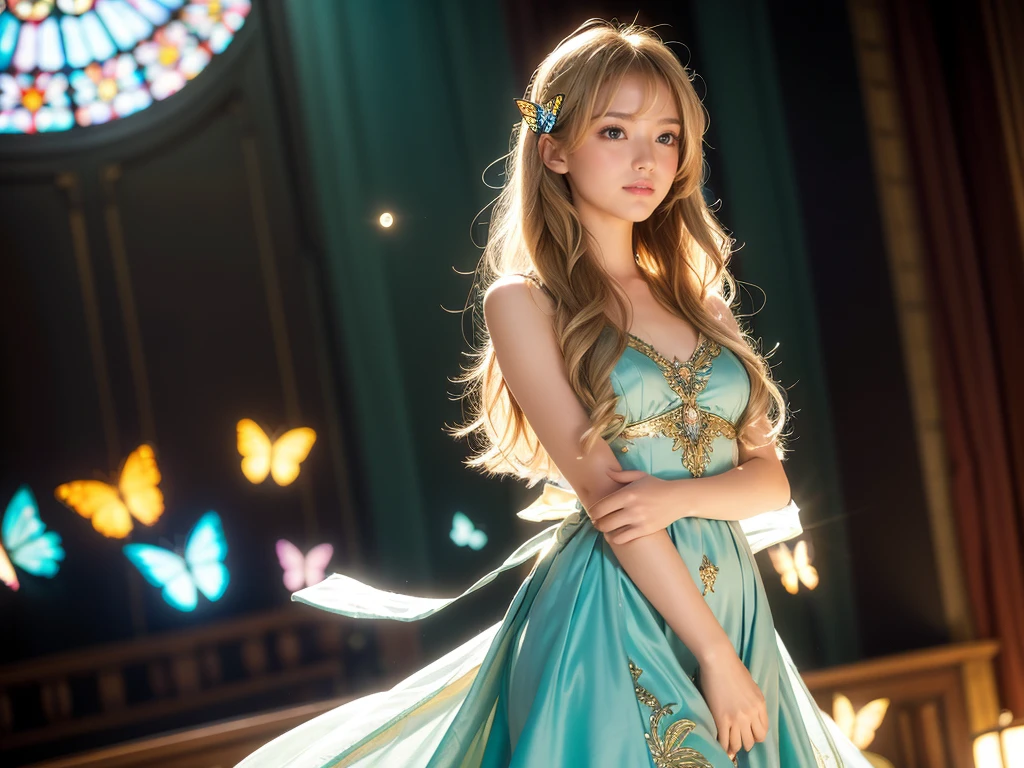 1 girl, masterpiece, Very detailed, ((Cinema Lighting)), (Shine), ((Dramatic lighting)), ((beautiful delicate Shine)), Intricate details, Lens flare, blonde, Long Hair, colorful dresses, butterfly hair ornament, butterfly, (Particles of light), Put your arms behind your back, Mid-chest, [take up], Cowboy Shot, A light smile, Green Eyes, church, Stained glass, Spotlight, Dark Background, Floating Hair, Floating Hair, Looking at the audience,((colorful))