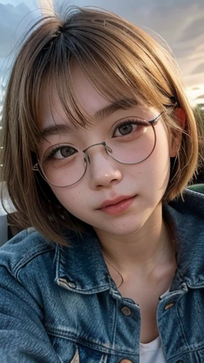 japanese girl, glasses, blonde, bangs, short hair, wearing jacket, small breasts, happy face, sunset lightning, peaceful mood, ((lip piercing))