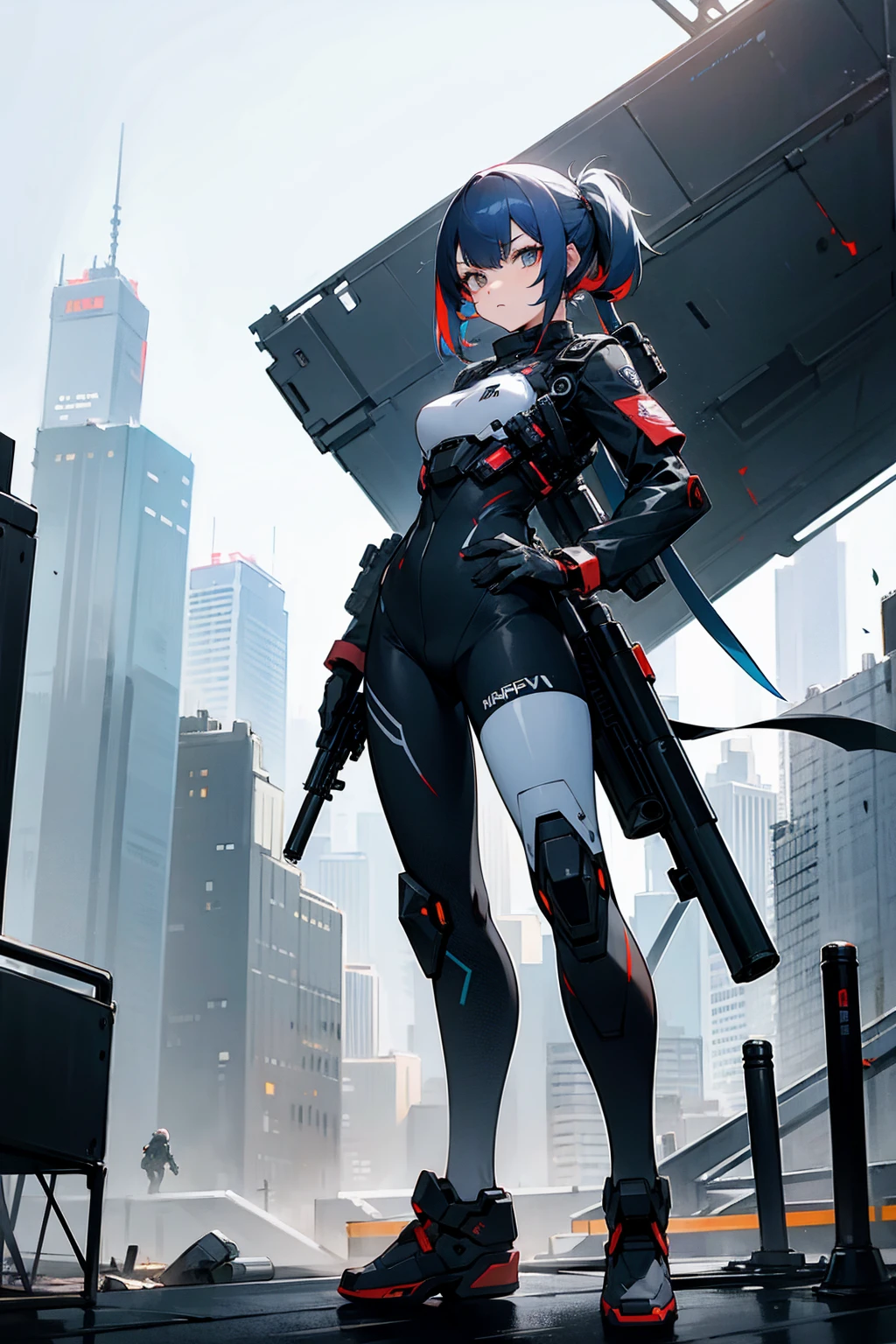 1female, multi colored hair, split colored hair, sniper on back, guns background, serious expression, black and white combat suit, city background, standing on path, hands to side