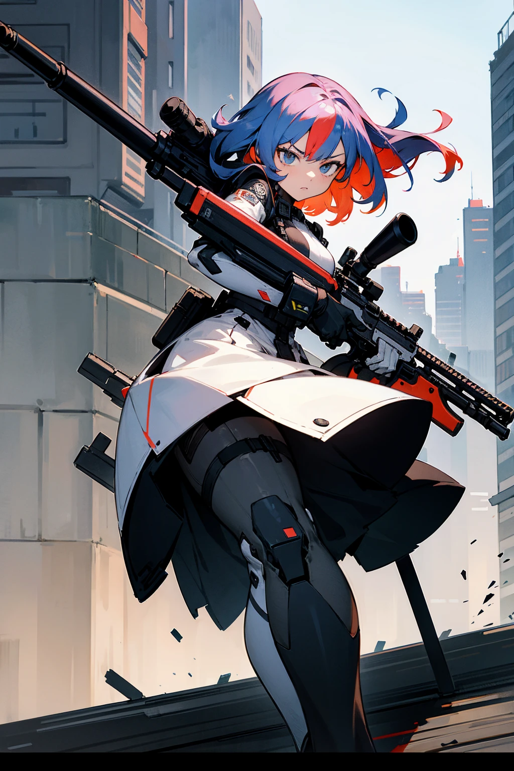 1female, multi colored hair, split colored hair, sniper on back, guns background, serious expression, black and white combat suit, city background, standing on path, hands to side