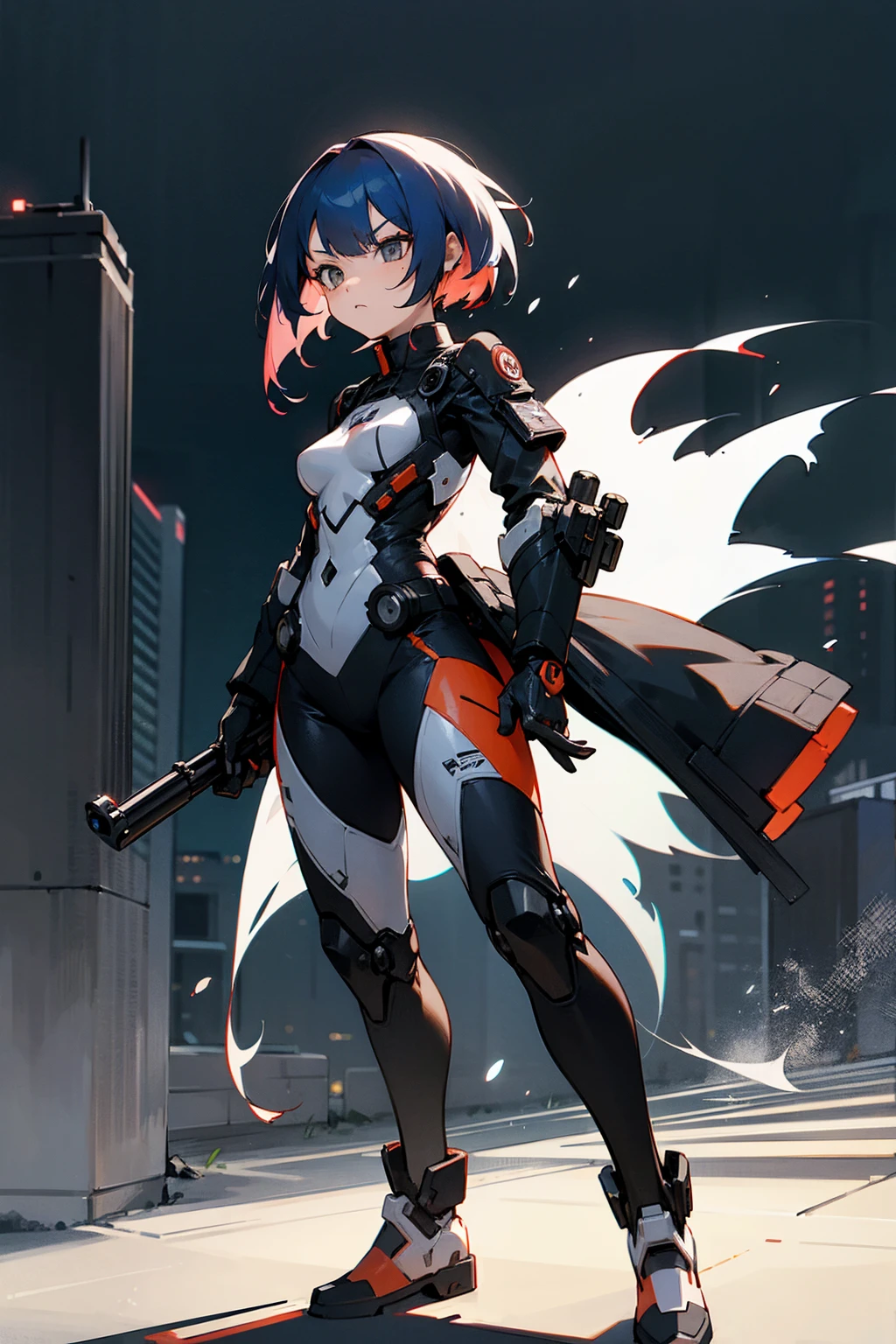 1female, multi colored hair, split colored hair, sniper on back, guns background, serious expression, black and white combat suit, city background, standing on path, hands to side