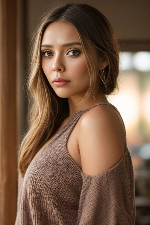 (estilo crudo, obra maestra, mejor calidad, ultra detallado), Elizabeth Olsen, 28 years old, 🤬 🤮 💕,  publicando al aire libre, deep v-neck sweater, pecho grande, hermosa noche, alegremente y feliz, cielo limpio, analog style, (Textura de la piel, film grain), cinematic light, side lighting, ultra high resolution