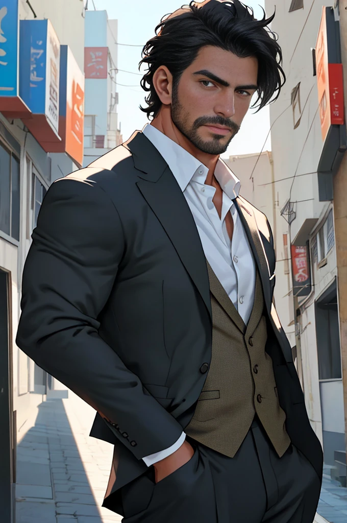 Tall male, mid thirties, athletic muscular build, handsome, gentleman, Turkish man, well fitted dark suit with white shirt, ultra detail, 8 k, realistic anime style photo, rugged face, handsome face, black hair, short hair, photo, solo shot, waist shot, cinematic light, cinematic color, social, remarkable