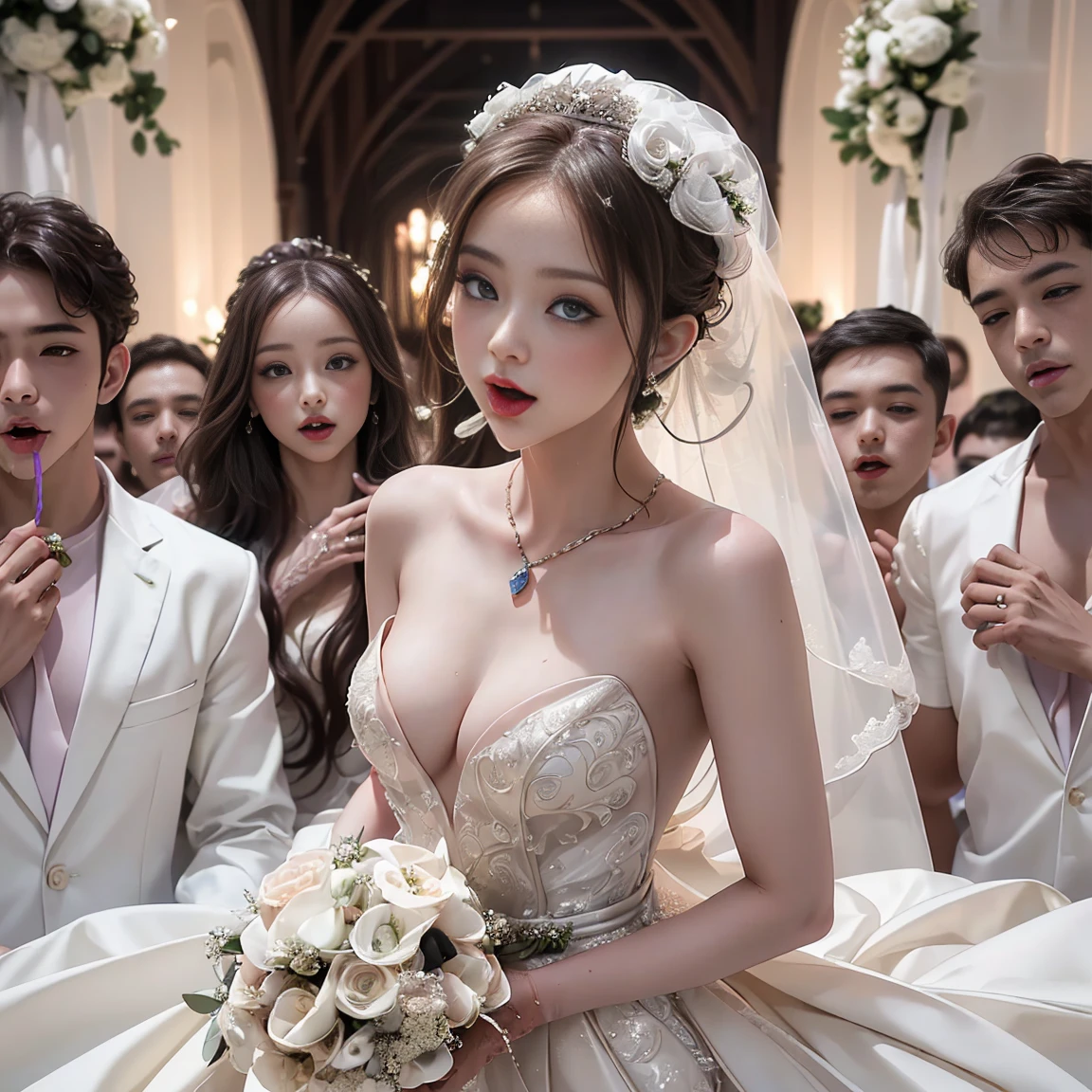 NSFW、Panoramic viewing angle、Pussy Real、Breast Real、Mastepiece、It is high resolution.、Photo woman、Detailed digital illustration、Wavy Long Hair、Folded ponytail、Detailed eyes、Shiny Hair、((Naked in a bridal dress:1.6))、Very beautiful woman、The eyes are double、Normal chest、Bust A cup、high resolution、high quality、Detailed background、((The chapel was crowded with boys.:1.4))、((Two Arms、Four fingers、One thumb))、((Two Legs、Four fingers、One thumb))、Very beautiful woman、masterpiece、A kind smile:1.3、(((A bride is surrounded by boys and sucks their penises.:1.6))),(((Cum in mouth:1.6))),