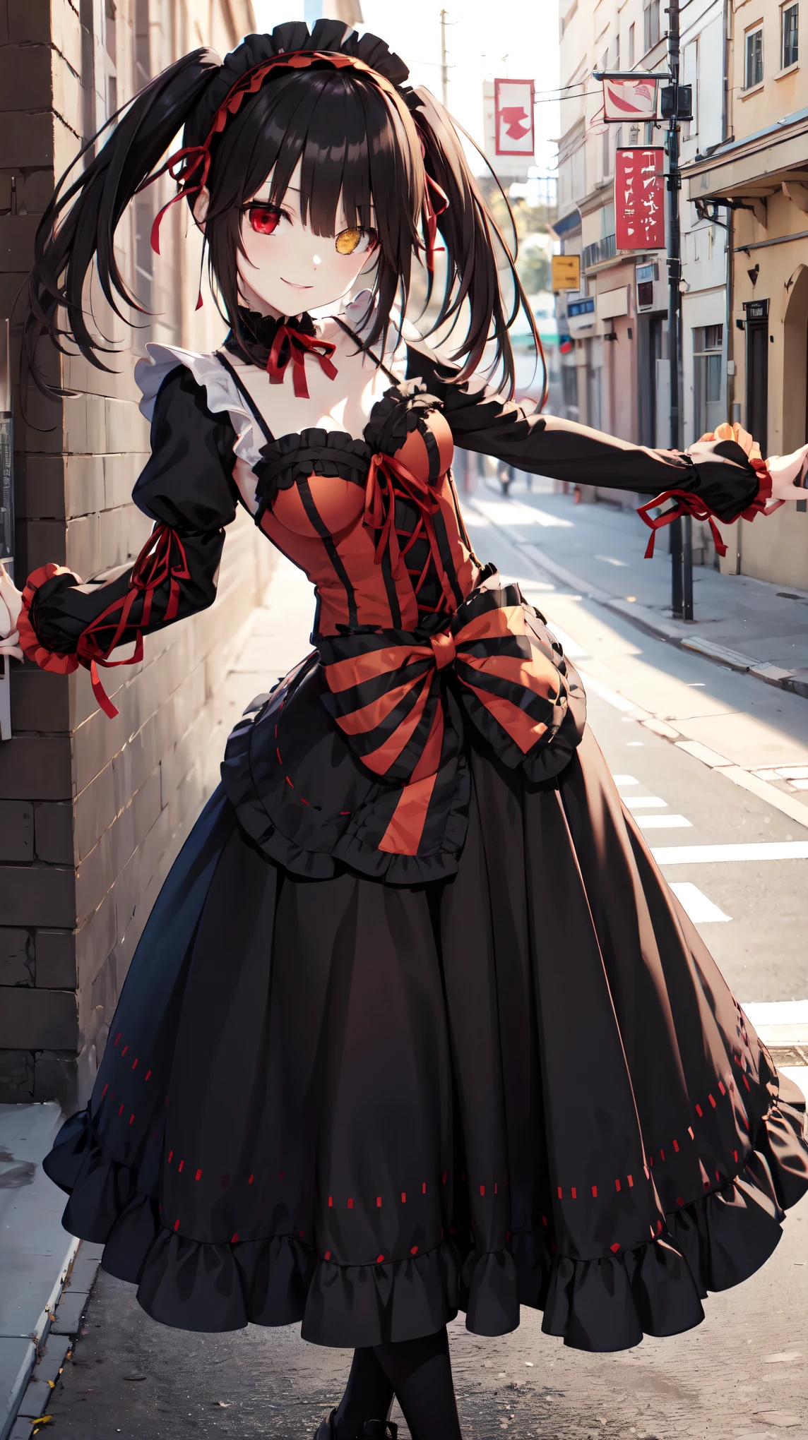masterpiece, The best quality、street、Put your arms behind your back、Black Hair, Long twin tails bunches, (Yellow eyes:1.2), Heterochromia iridum, (Red Eyes:1.2),Tokisaki Kurumi、Smile,Gothic Lolita Clothing Accessories、victorian maid tiara、Black Ribbon、Shut up、Gothic Lolita Clothing Accessories