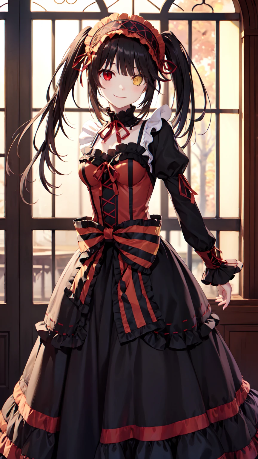 masterpiece, The best quality、street、Put your arms behind your back、Black Hair, Long twin tails bunches, (Yellow eyes:1.2), Heterochromia iridum, (Red Eyes:1.2),Tokisaki Kurumi、Smile,Gothic Lolita Clothing Accessories、victorian maid tiara、Black Ribbon、Shut up、Gothic Lolita Clothing Accessories