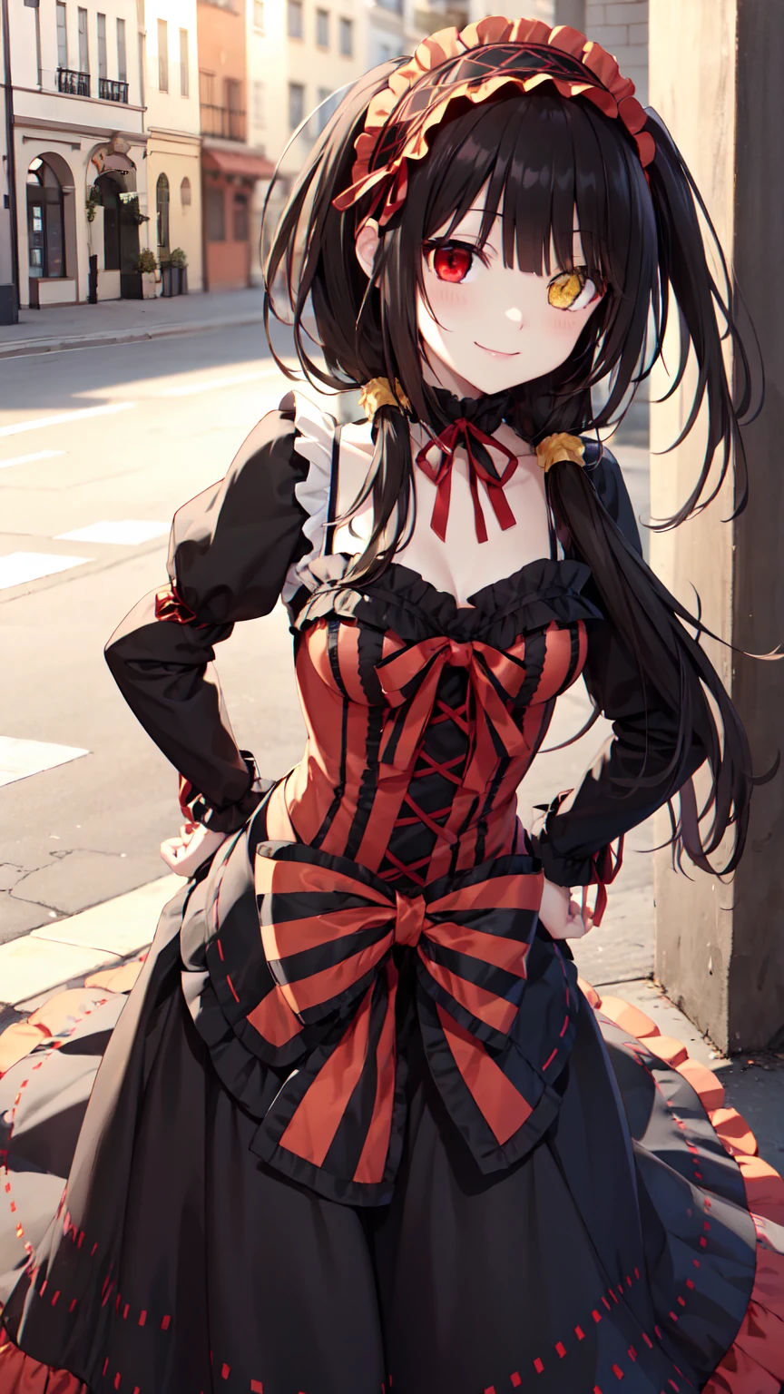 masterpiece, The best quality、street、Put your arms behind your back、Black Hair, Long twin tails bunches, (Yellow eyes:1.2), Heterochromia iridum, (Red Eyes:1.2),Tokisaki Kurumi、Smile,Gothic ta Clothing Accessories、victorian maid tiara、Black Ribbon、Shut up、Gothic Lolilothing Accessories