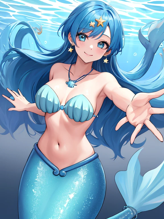 masterpiece, best quality, highres, ho1, blue hair, long hair, star (symbol), necklace, earrings, star hair ornament, mermaid, shell bikini, bracelet, underwater, smile, reaching out, spread arms,